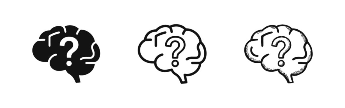 Brain with question mark icon for thinking doubt and problem solving in three different styles