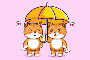 Naklejka premium Two Cute Cats Under an Umbrella Vector Illustration Kawaii Animal
