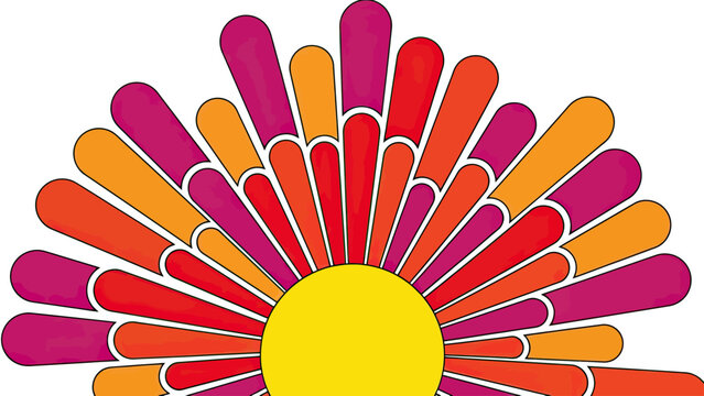 Half-circle of vibrant, rounded petals in warm colors radiates from a yellow center