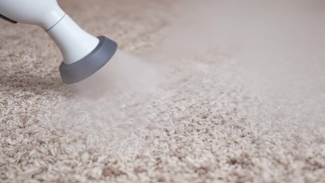 Close-up of a carpet cleaner steaming a textured neutral carpet.