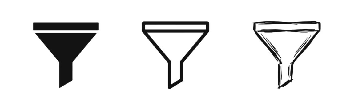 Marketing funnel filter icon set for data sorting and sales process in three different styles