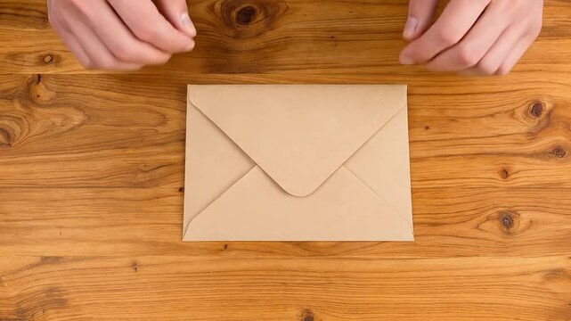 Hands hold a brown envelope on a wooden table.