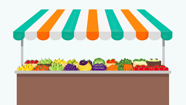 A colorful stall displays an abundant assortment of fresh fruits and vegetables