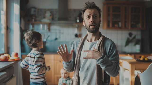 Overwhelmed confused father taking care of two children at home, stressed parenting and family chaos concept