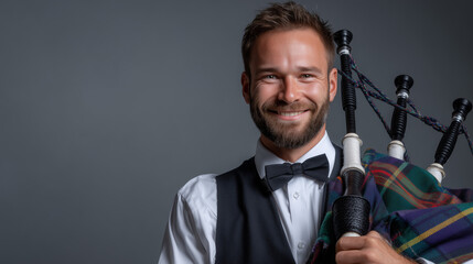 Naklejka premium A man in formal attire playing bagpipes at Royal Edinburgh Military Tattoo event