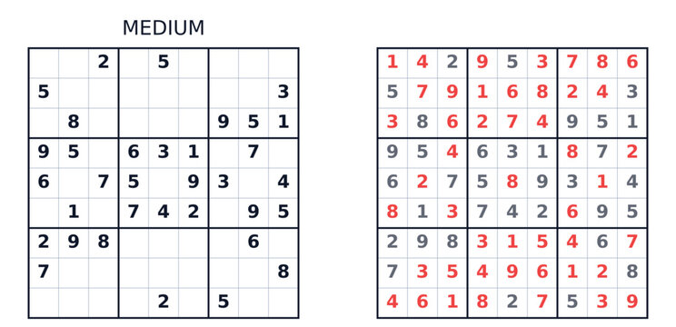 Sudoku puzzle grid with numbers and hints on white background/ Medium level  