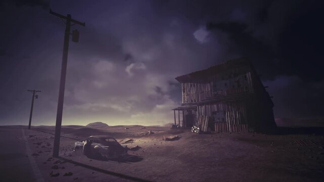 Lonely highway shack under violet sky, leaning timber storefront beside cracked asphalt, dented convertible near entrance, long utility pole shadows, windswept