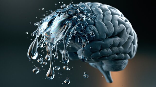 3D fluid simulation render of a human brain shape dissolving on the left hemisphere side into slow flowing iridescent liquid droplets falling downward, right side remaining solid and detailed 