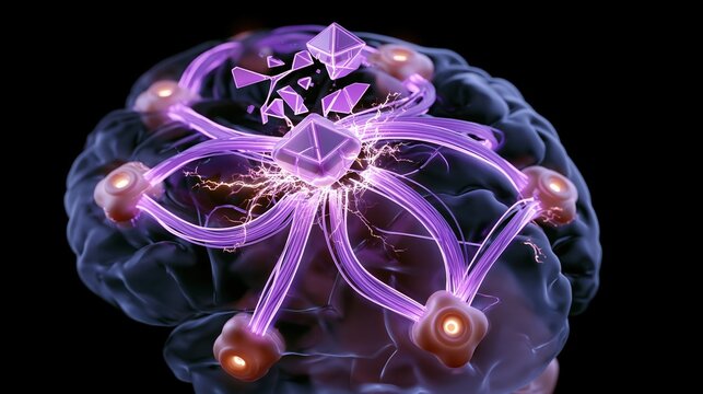 3D isometric render of a glowing neural network inside a transparent brain cross-section, language pathway nodes connected by luminous purple fiber tubes