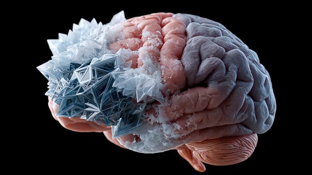 3D render of a human brain where the left temporal and frontal lobes are crystallizing into sharp geometric ice crystal formations