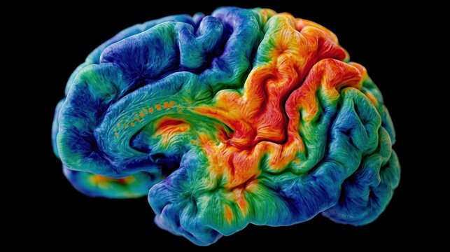 MRI brain scan cross-section showing BOLD signal activation patterns across the left hemisphere language network, vivid heat-map color gradient
