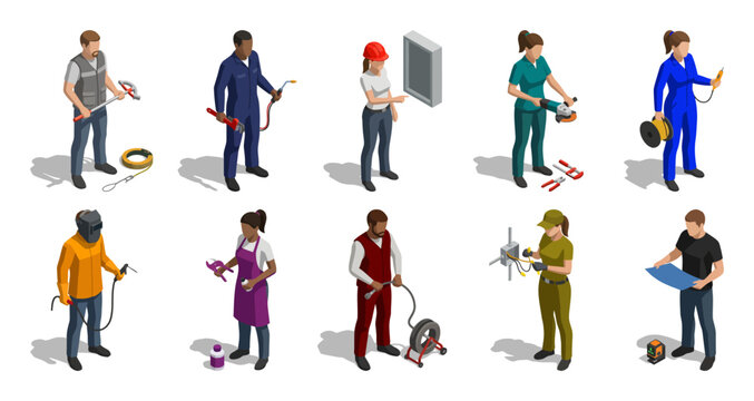 Trades electricians plumbers and welders holding tools | Isometric flat vector characters set of manual labor construction workers