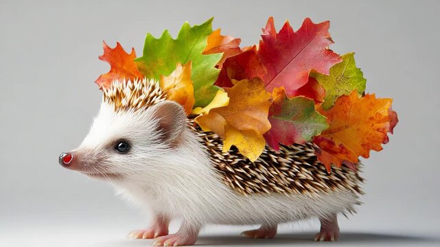 Adorable hedgehog with colorful autumn leaves on its back for seasonal inspiration