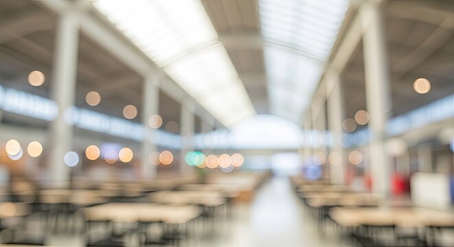 Blurred background of a modern, spacious cafeteria with empty tables and bright lighting.