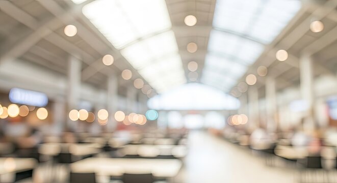 Blurred background of a modern shopping mall food court with bright lights and abstract bokeh.