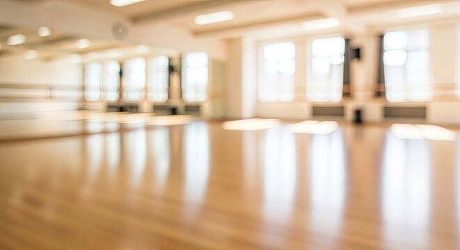 Blurred Empty Dance Studio with Wooden Floor and Bright Windows.