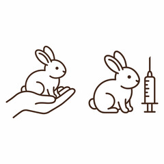 Fototapeta premium Line art illustration contrasting animal welfare with animal testing, showing a rabbit in a caring hand versus a rabbit with a syringe, symbolizing ethical dilemmas.
