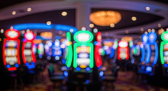 Blurred vibrant slot machines in a lively casino setting.