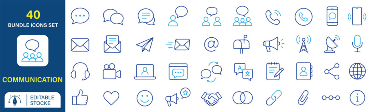 Communication Vector Outline Icons Set &ndash; Chat, Email, Phone Call, Social Media and Customer Support Line Symbols Collection