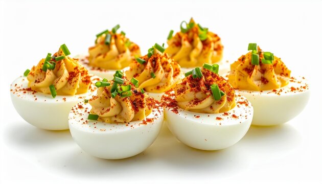 classic deviled eggs sprinkled with red paprika spice isolated