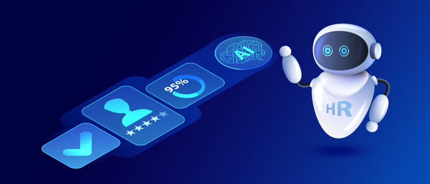 AI HR recruitment workflow concept. Friendly robot assistant analyzing employee candidates. Futuristic hiring and human resources automation vector illustration.