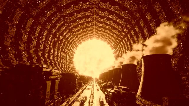 A dramatic perspective render featuring an industrial arch tunnel leading toward a bright glowing light, flanked by power plant cooling towers and steam in a warm sepia-orange tone. Perfect for energy