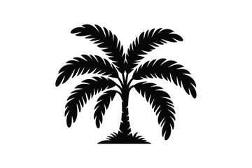 Fototapeta premium A black silhouette of a tropical palm tree with detailed fronds and a textured trunk, isolated on a white background, representing a summer vacation, beach travel, and exotic nature