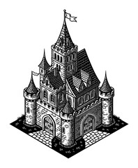 Fototapeta premium Medieval Castle Isometric Building in Detailed Vintage Black and White Line Art Illustration