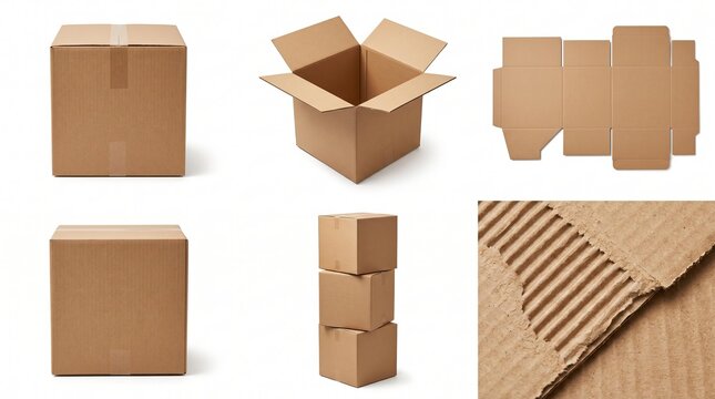 Cardboard boxes and packaging materials on a white background