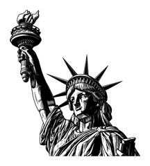 Obraz premium Statue of Liberty Close Up Holding Torch Up High Vintage Black and White Line Art Illustration