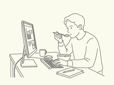 Man Eating Food Working on Computer Multitasking Lifestyle Sketch
