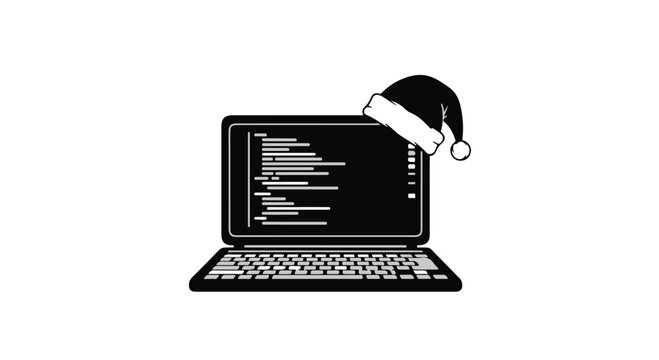 Laptop displaying programming code with a festive Santa hat on the corner is an illustration.