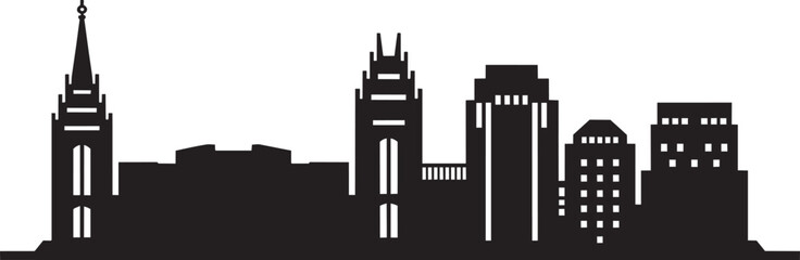 Obraz premium City skyline silhouette with tall buildings and a prominent steeple, vector art and church in outline style