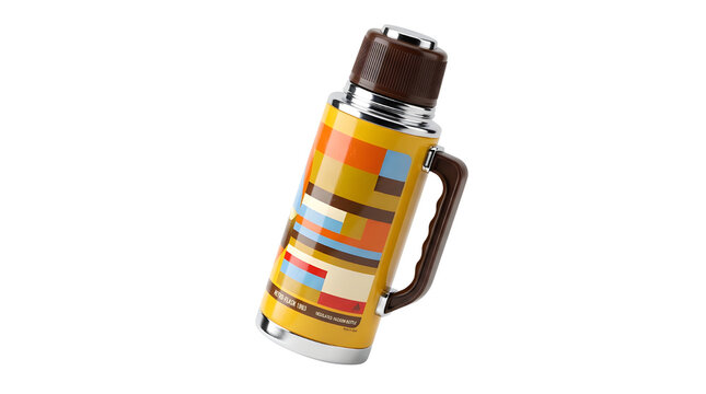 Vintage thermos with retro geometric pattern, classic insulated vacuum flask for hot drinks, colorful mid-century style camping bottle on white background