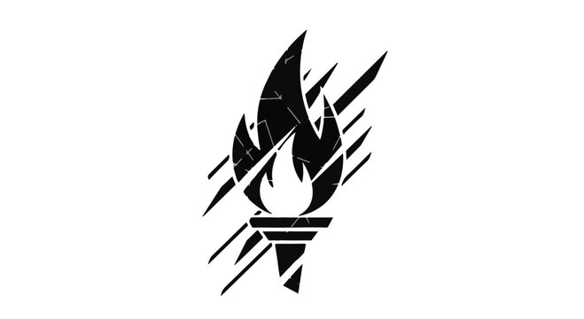 Flaming torch illustration displays a stylized flame atop a torch, with dynamic, shattered lines.