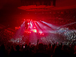 Panoramic high angle view of Italian pop singer Annalisa live arena concert in Rome, large crowd of fans in a packed stadium with dramatic red stage lights © Buffy1982