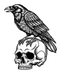 Fototapeta premium Crow Sitting on Skull Head in Detailed Vintage Black and White Line Art Illustration Graphic Style