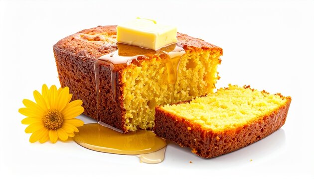 baked cornbread block with melting butter and sweet honey