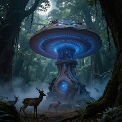 Fototapeta premium Giant mushroom-like alien artifact glows blue in foggy forest at night. Deer wander near mysterious glowing structure under moon. Sci-fi mystery unfolds in nature.