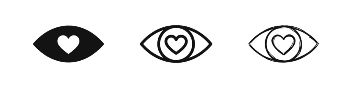 Eye with Heart Pupil Icon Set Representing Love, Vision, and Obsession