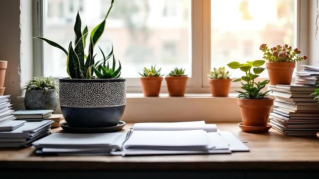 Potted plants and stacks of paper on a desk by a sunlit window.