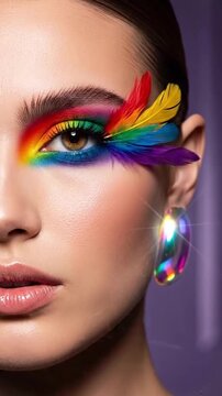 Close-up of a young woman with vibrant rainbow eyeshadow and colorful feather accents, representing creativity, artistic expression, pride, diversity, and bold makeup