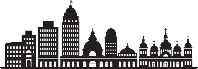 Modern cityscape skyline silhouette with diverse building architecture and religious domes in outline style © Laila