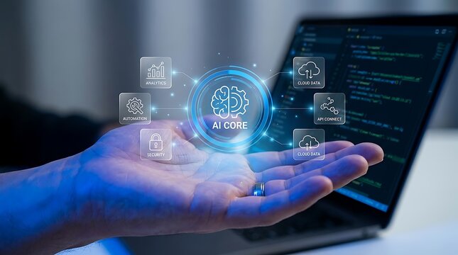 A hand holding a glowing icon representing AI core, with digital information flowing around it, signifying artificial intelligence and its applications. A laptop in the background shows lines of code