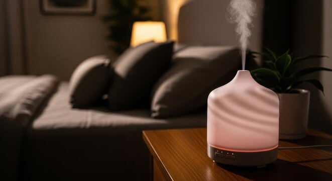 Aromatherapy diffuser emitting a gentle mist of steam in a softly lit bedroom setting creating a relaxing atmosphere