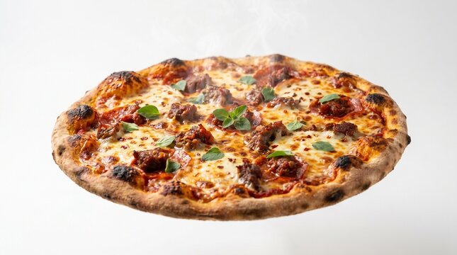 Delicious Meat Pizza with Melted Cheese Slice Isolated on White Background