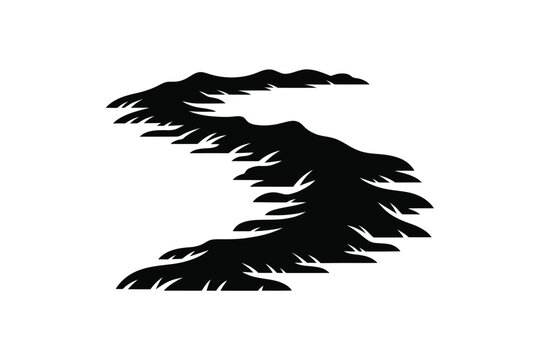 Abstract black silhouette of a winding river or mountain ridge with layered textures and sharp edges, creating a flowing s-shape pattern isolated on a white background, for nature
