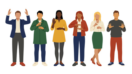 Obraz premium Diverse Group People Using Sign Language Communication Visual Vector Illustration for Inclusion, Accessibility and Deaf Culture Awareness Representing Multiethnic Professional People Discussing Ideas