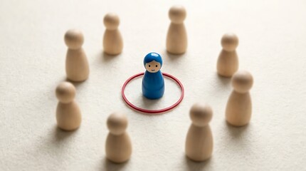Obraz premium A single blue figurine stands in the center of a red circle, surrounded by several uncolored wooden figurines. This arrangement symbolizes exclusion or isolation
