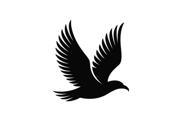 Naklejka premium Black silhouette of a bird in flight with spread wings, depicted in a minimalist style isolated on a white background, nature, wildlife, and freedom concepts